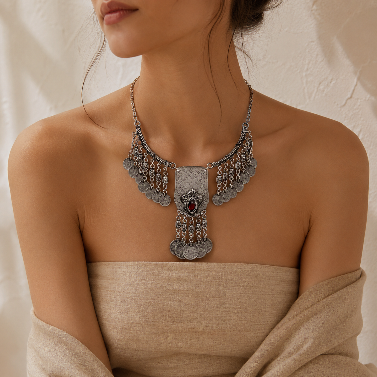 Statement necklace with a red stone center and dangling coin fringe.