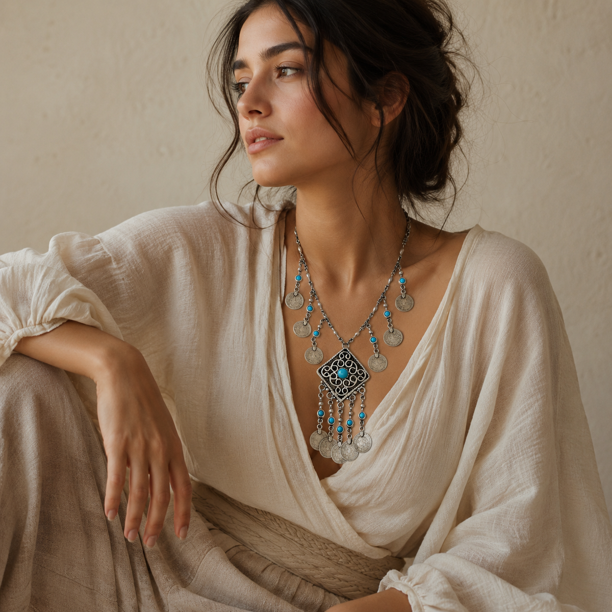 Silver necklace with turquoise accents, medallion coins, and a fringe pendant.