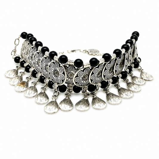 Black bead choker necklace with filigree coin charms and a silver-tone finish.