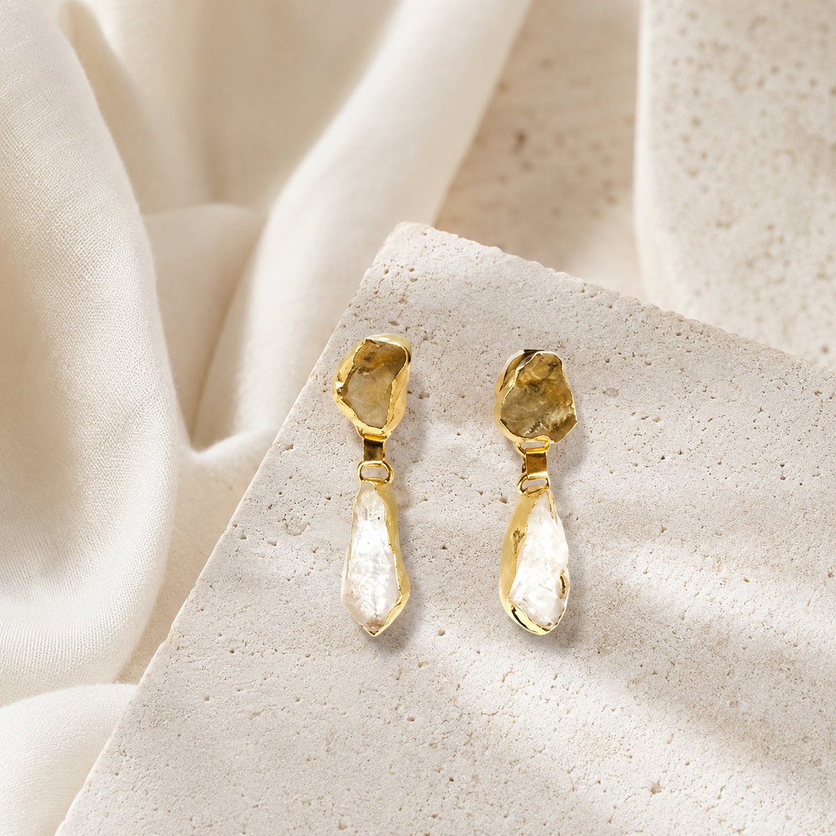 Gold-plated drop earrings with textured citrine and clear quartz stones.