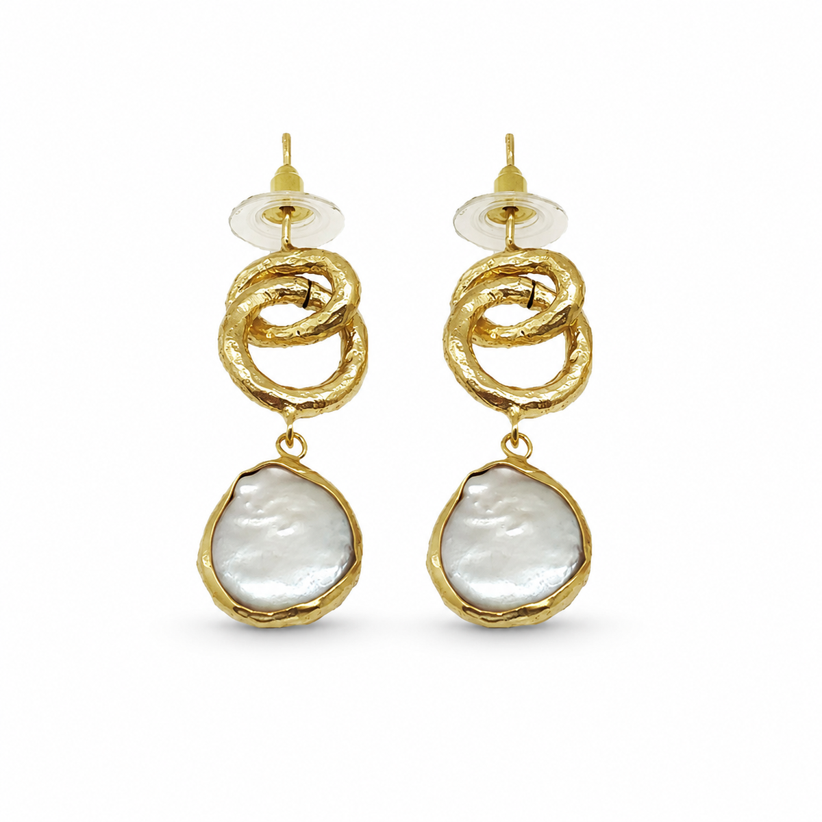 Gold plated drop earrings with textured chain links and pearl-inspired drops.