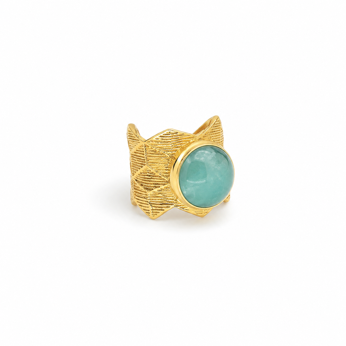 A gold-plated statement ring with a round aqua blue center and geometric textured band.