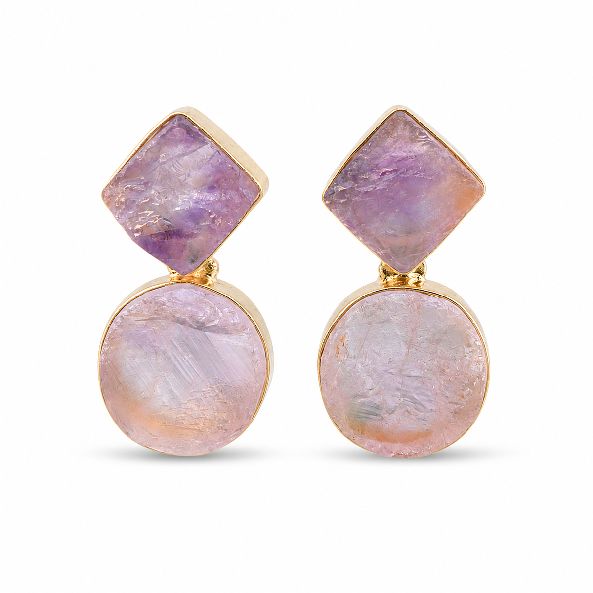 Pair of gold-plated drop earrings with rough amethyst stones in soft purple and blush tones.