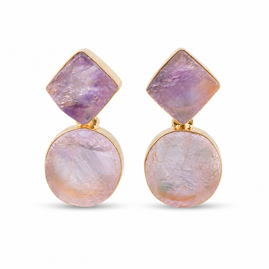 Pair of gold-plated drop earrings with rough amethyst stones in soft purple and blush tones.
