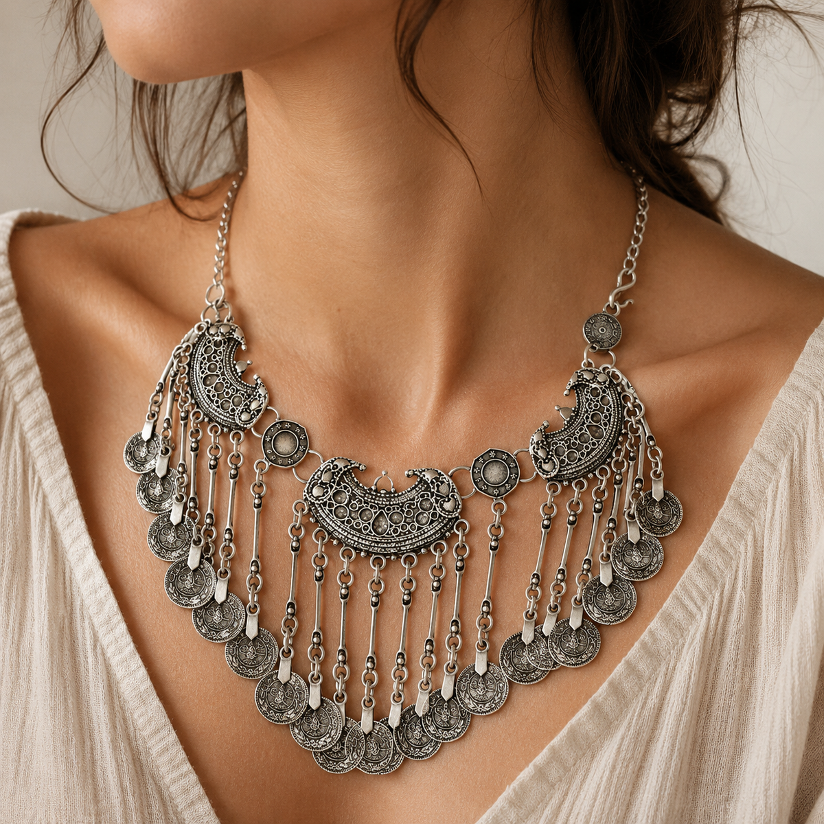 Silver-tone ornate bib necklace shown on a white background.