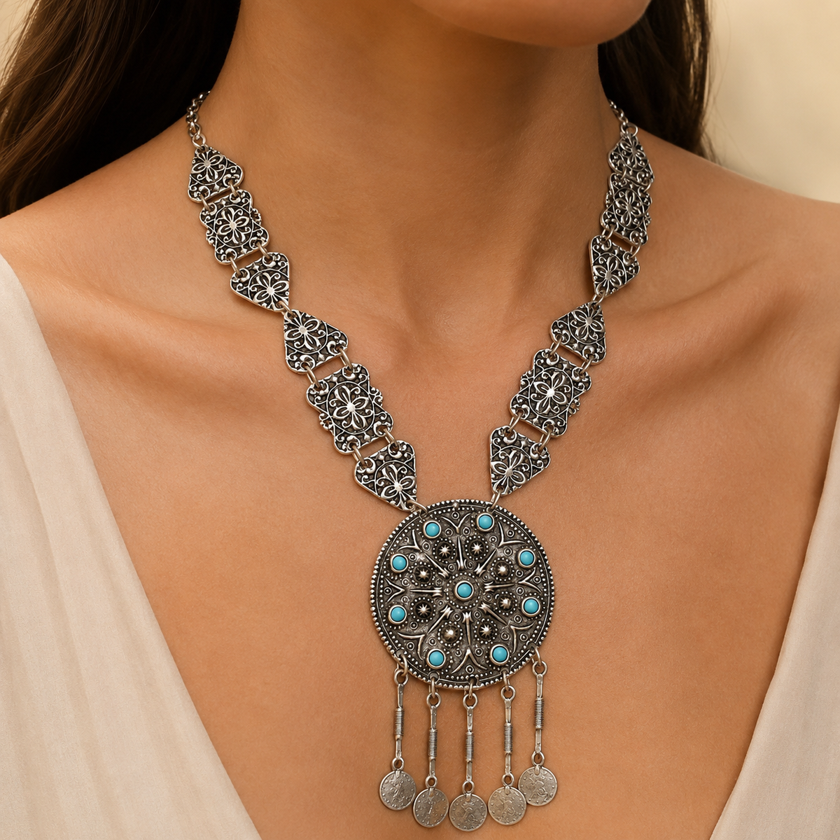 Silver-tone necklace with ornate teardrop links and a detailed center pendant.