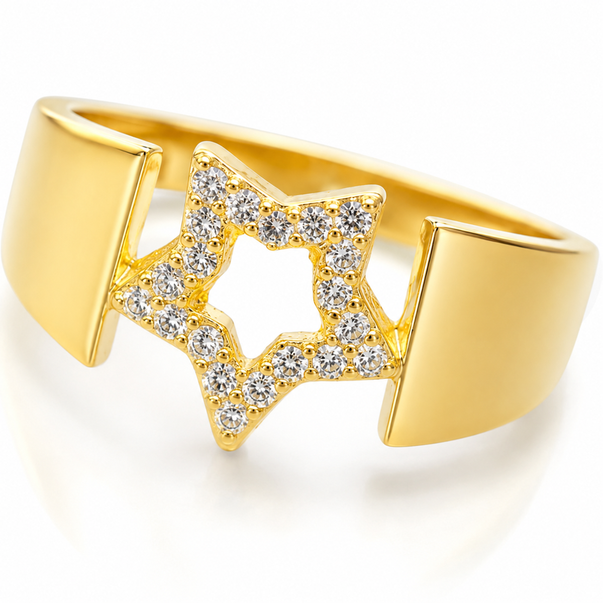Close-up of a wide gold ring with sparkling CZ stones.