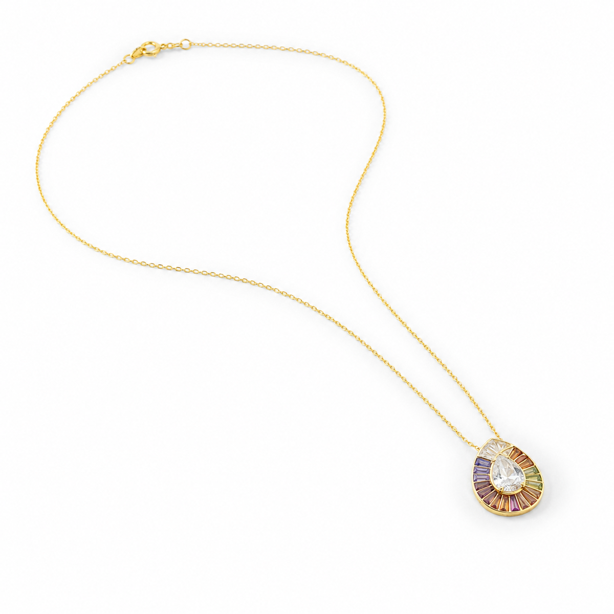 Angled view of a gold-tone necklace with a rainbow teardrop pendant.