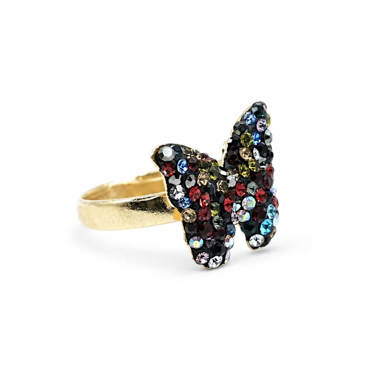 Gold-plated butterfly ring with multicolor CZ stones on a white background.