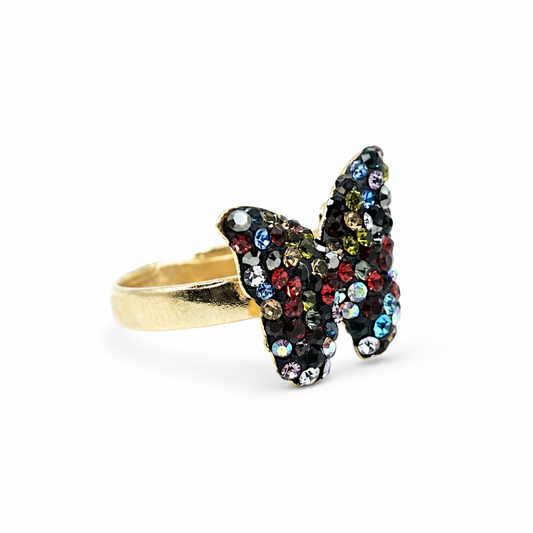 Gold-plated butterfly ring with multicolor CZ stones on a white background.