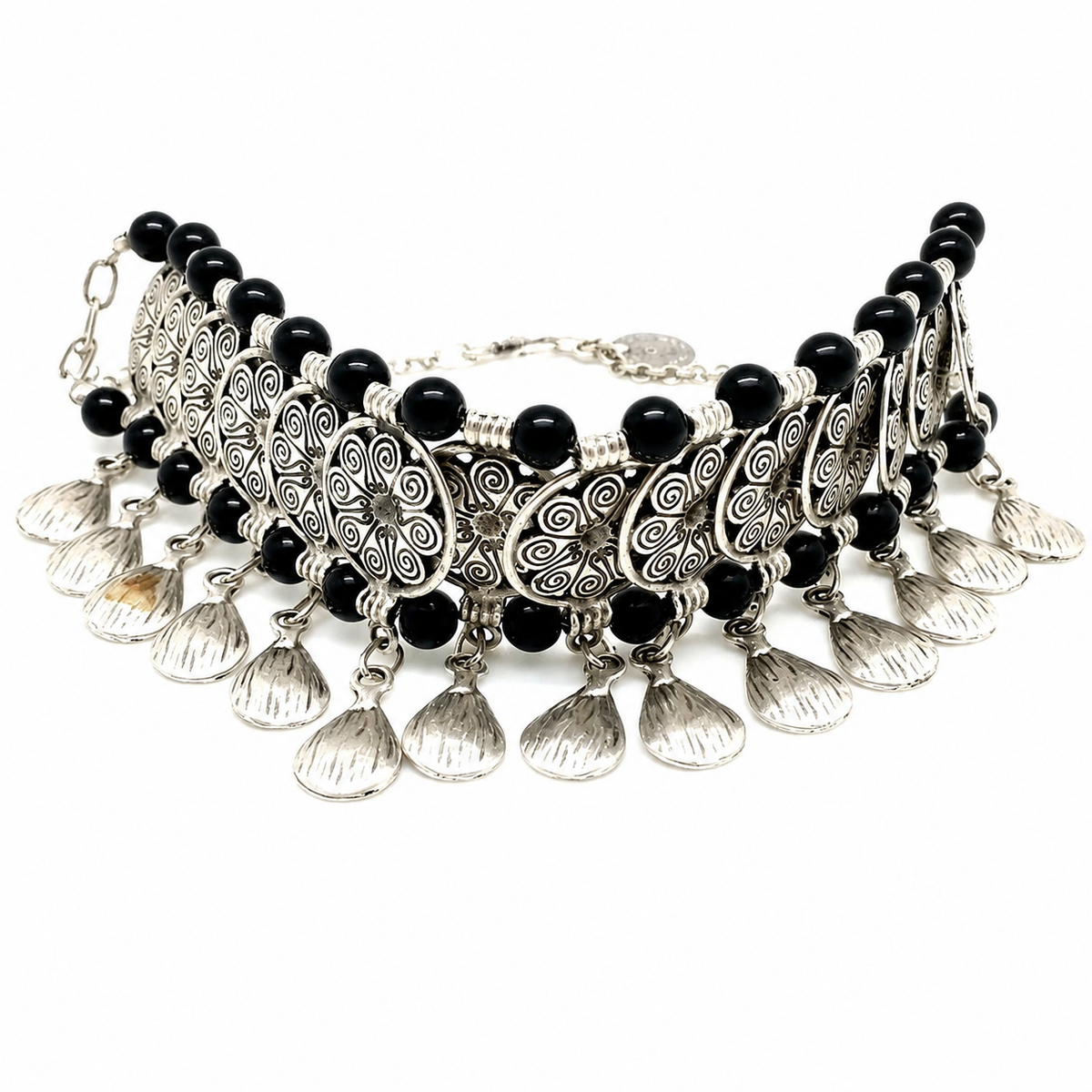 Black bead collar necklace with fan-shaped silver-tone charms.