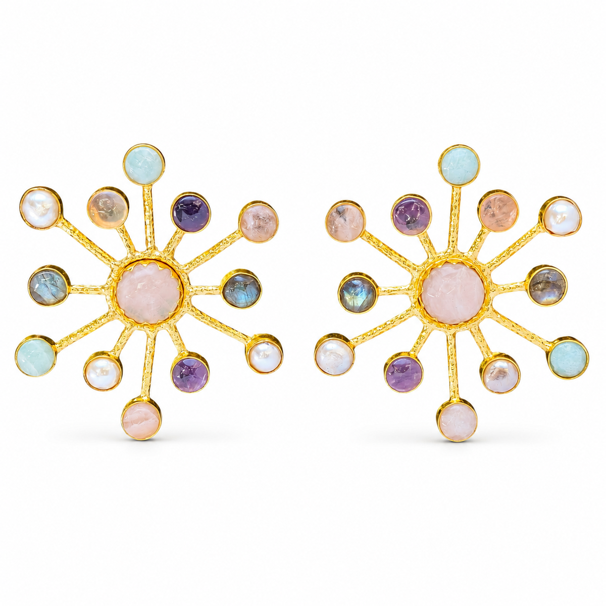 Pair of starburst statement earrings with multicolor gemstone-style accents and a gold-plated look.