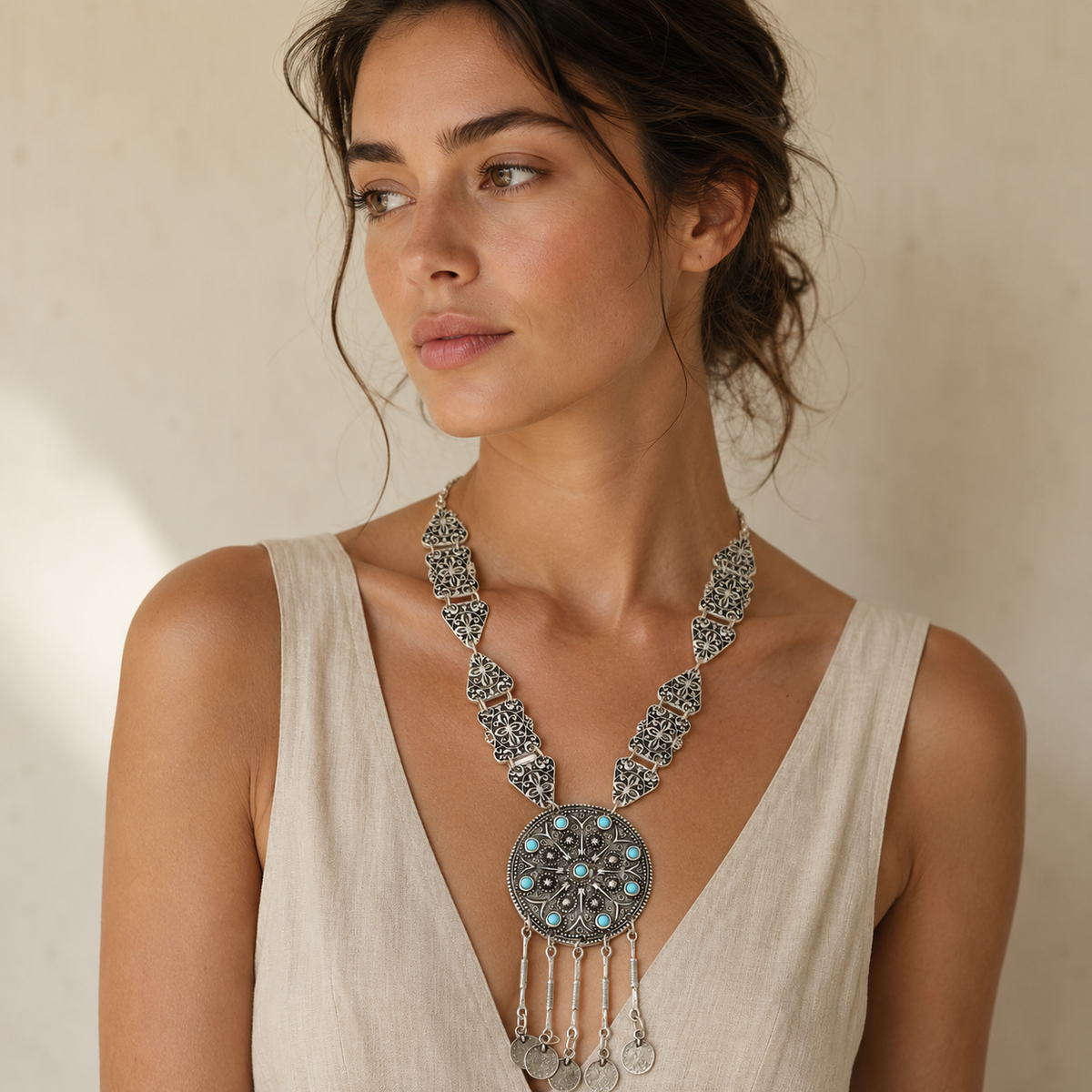 Detailed necklace with turquoise stones and dangling coin accents.