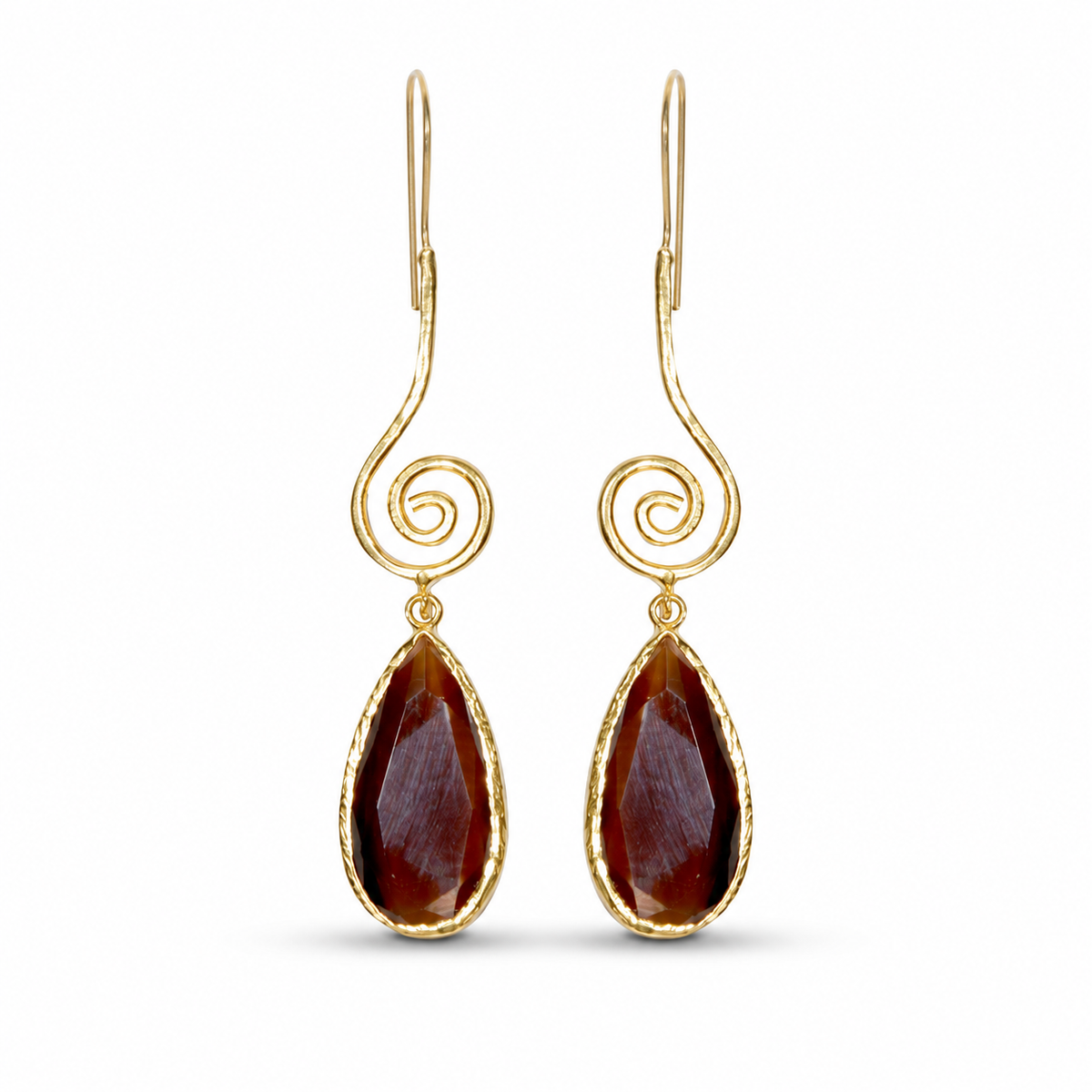 Gold-plated spiral drop earrings with brown teardrop stones on a white background.