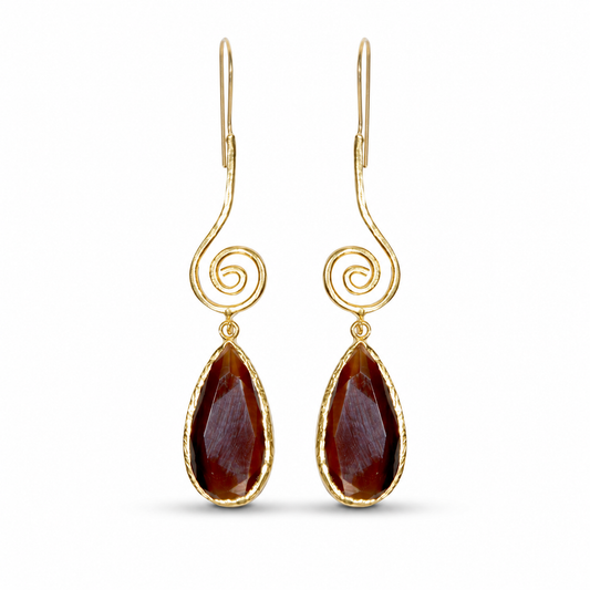 Gold-plated spiral drop earrings with brown teardrop stones on a white background.