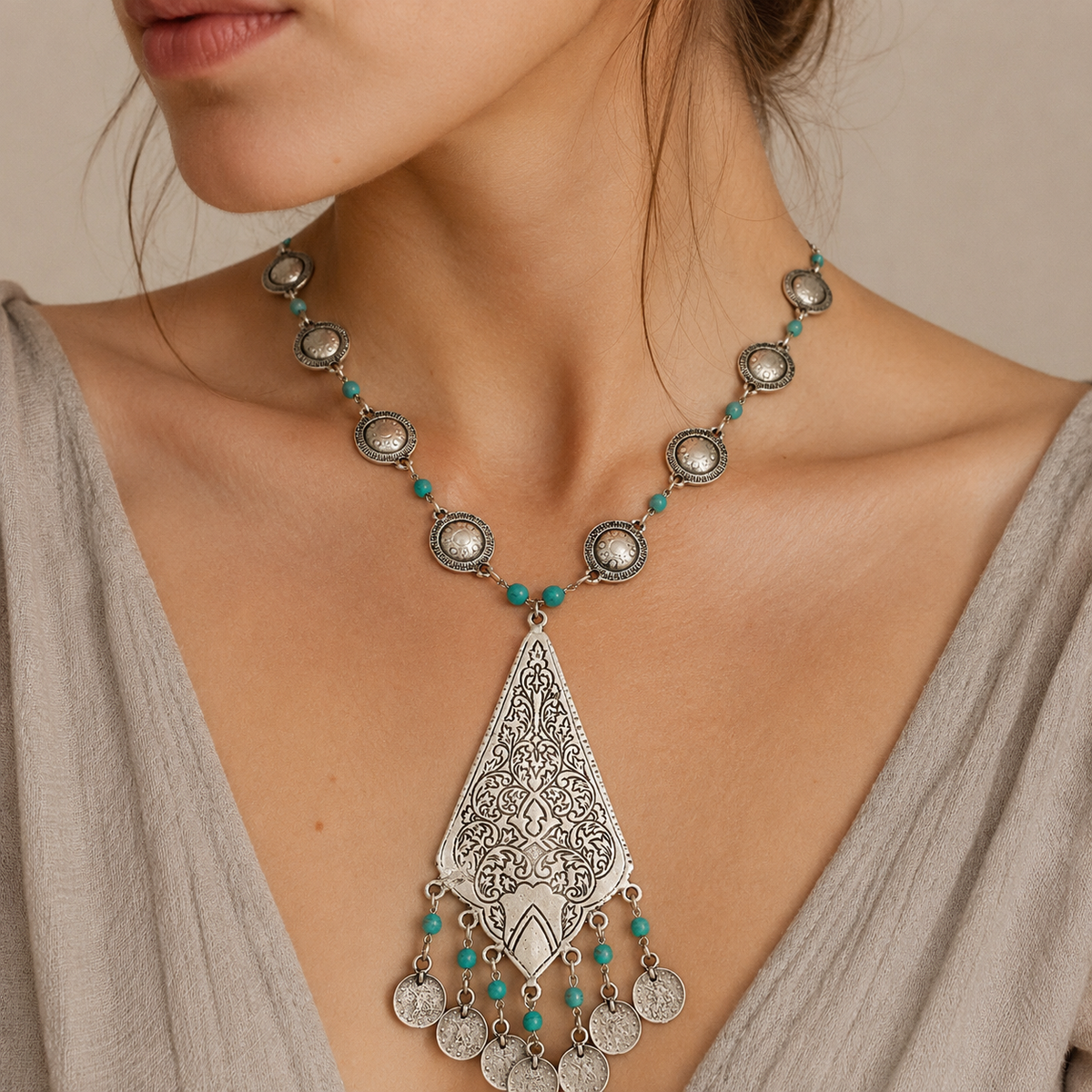 A silver-tone turquoise bead necklace with a detailed teardrop pendant shown front-facing.