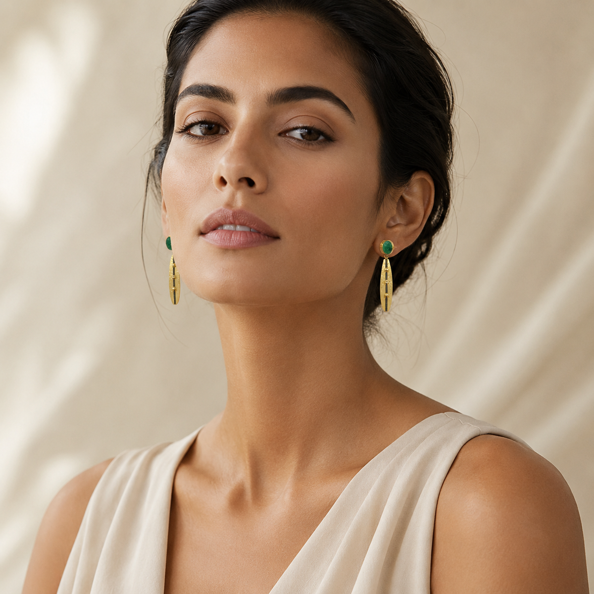 Green stone drop earrings with slim gold-plated bars.