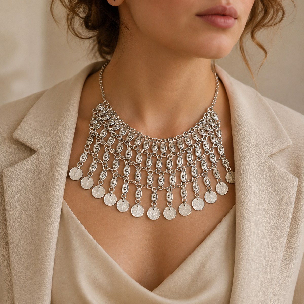 Front view of a silver-tone coin fringe necklace.
