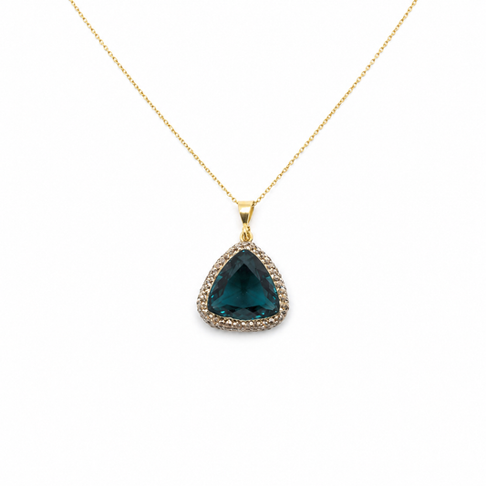 Gold-tone necklace with a green triangle pendant on a white background.
