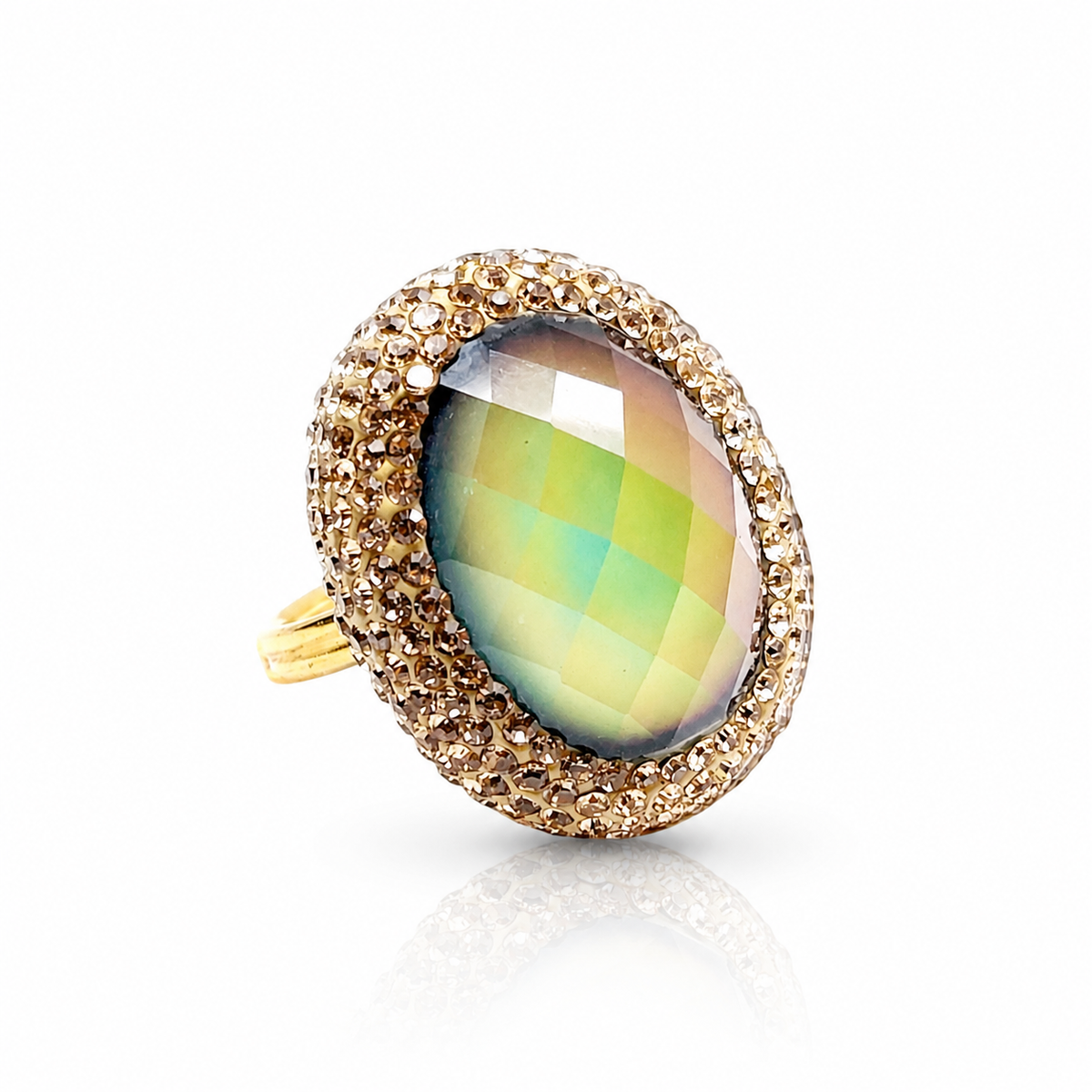 Gold-plated statement ring with a faceted mood stone-style center and sparkling CZ halo.