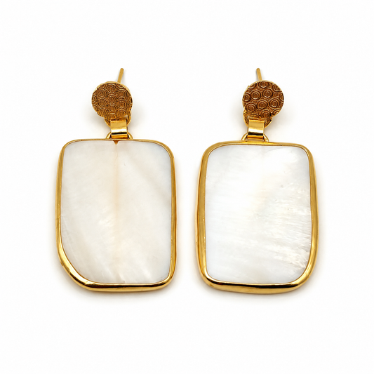 Gold plated drop earrings with raw clear quartz in a rectangular shape.