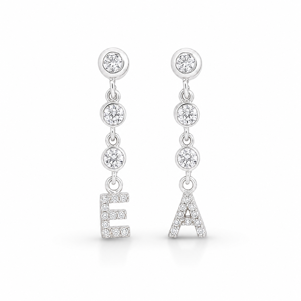Gold-tone personalized CZ chain initial dangle earrings shown front view.