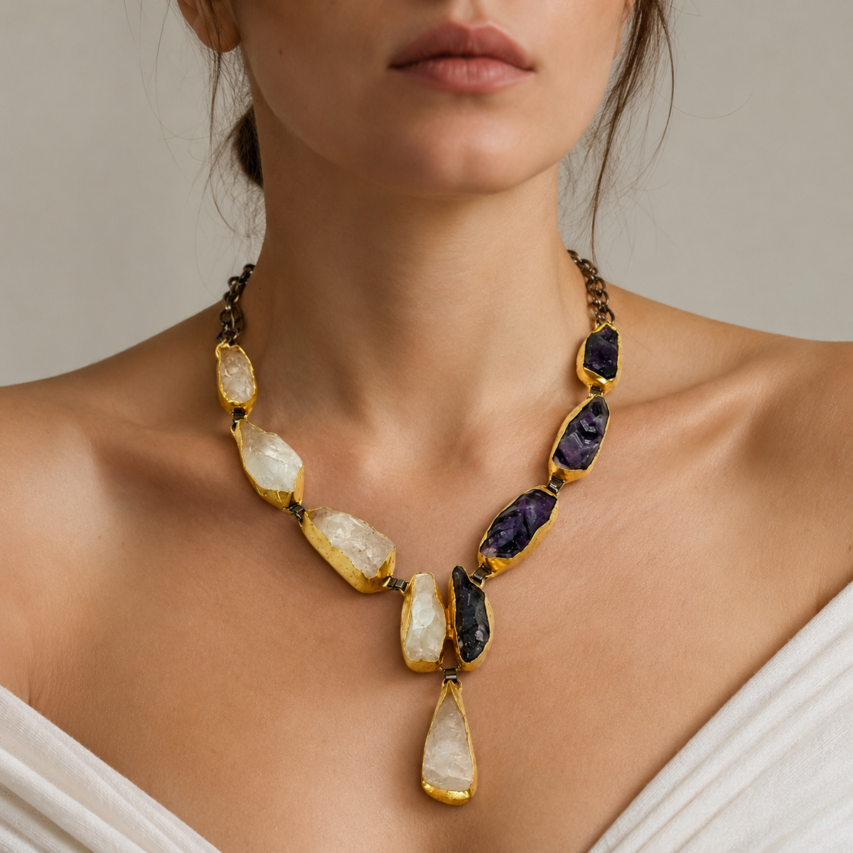 Front view of a Y statement necklace with mixed purple and clear stone-like accents.