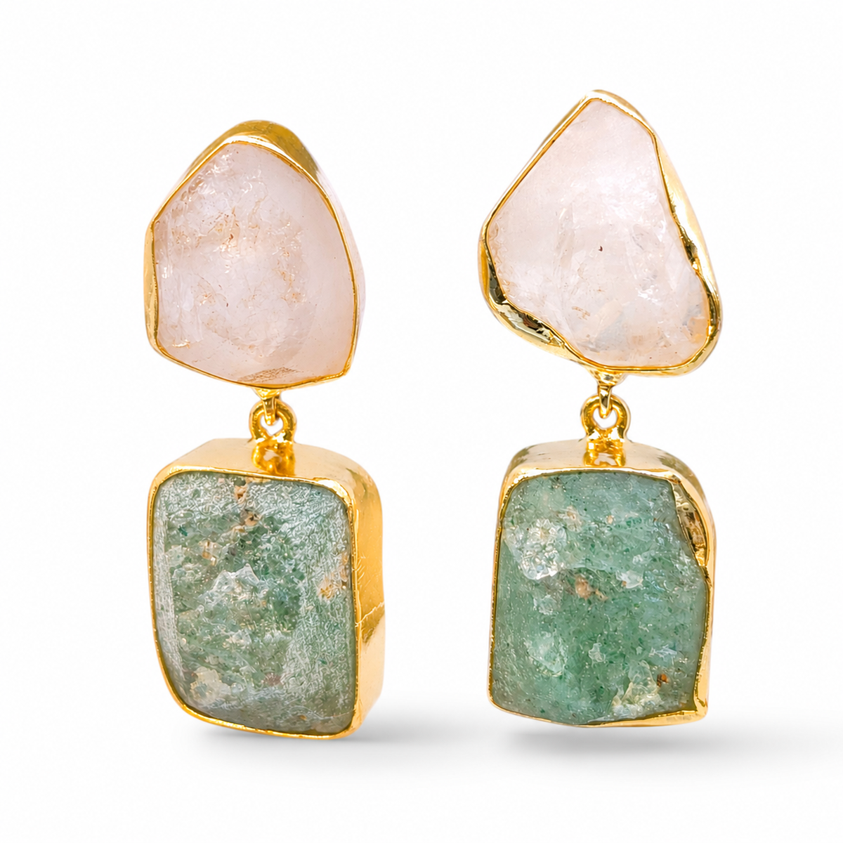 Gold plated drop earrings with rough rose quartz tops and apatite stone drops.