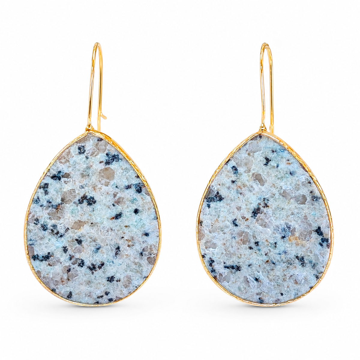 Pair of teardrop amazonite earrings with a slim gold-plated frame.
