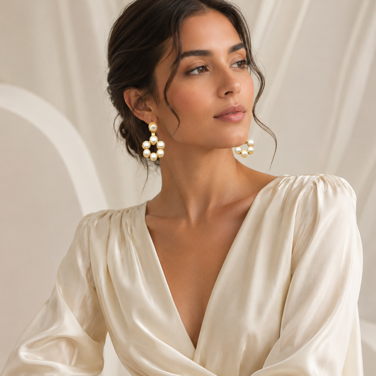Front view of pearl-accented gold-plated hoop drop earrings.