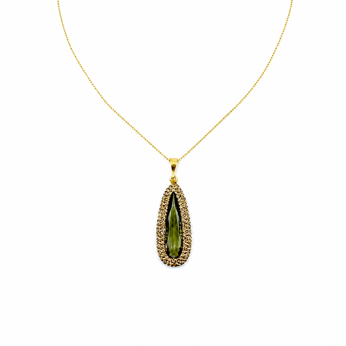 Gold-tone teardrop pendant necklace with a green center stone look.