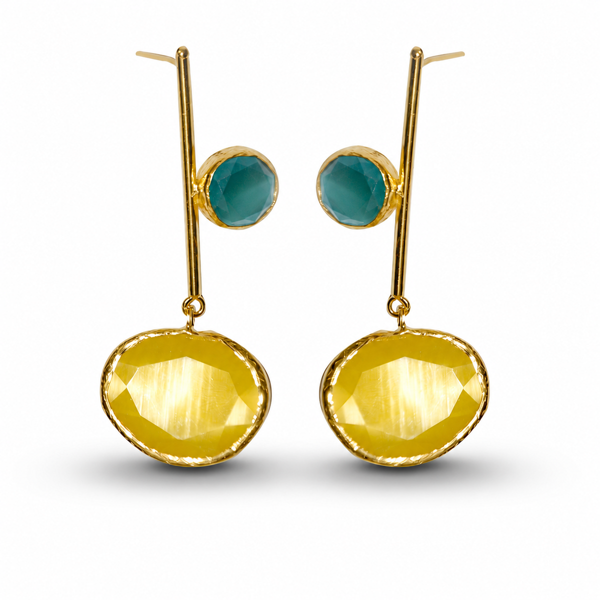 Pair of mustard yellow drop earrings with a gold-tone finish and slim modern silhouette.