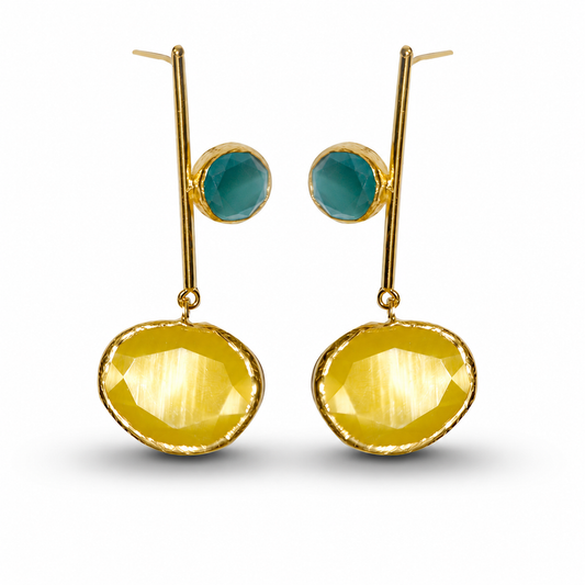 Pair of mustard yellow drop earrings with a gold-tone finish and slim modern silhouette.