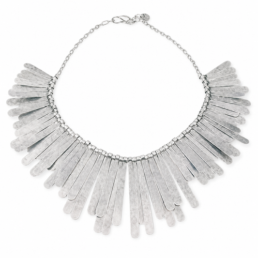 Silver-tone collar necklace with long bar fringe drops.