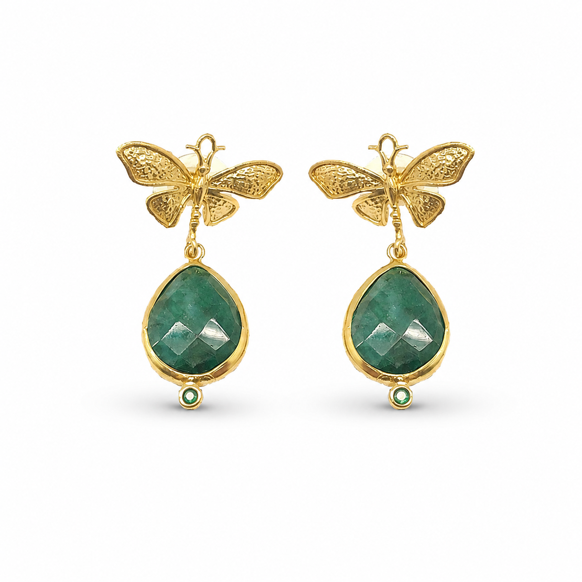 Gold-plated butterfly drop earrings with faceted green teardrop stones.