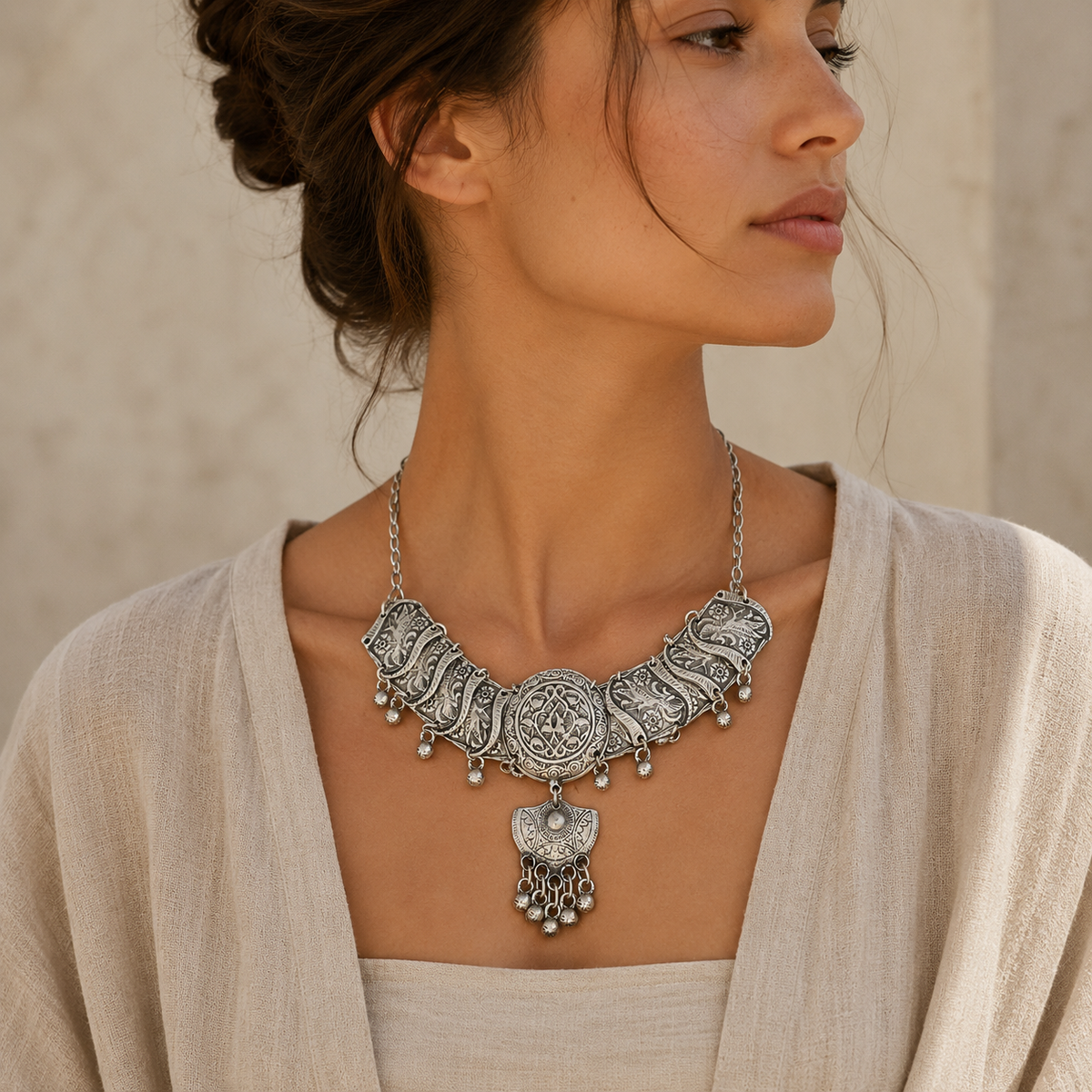 Ornate silver-tone choker necklace with filigree panels and a medallion centerpiece.