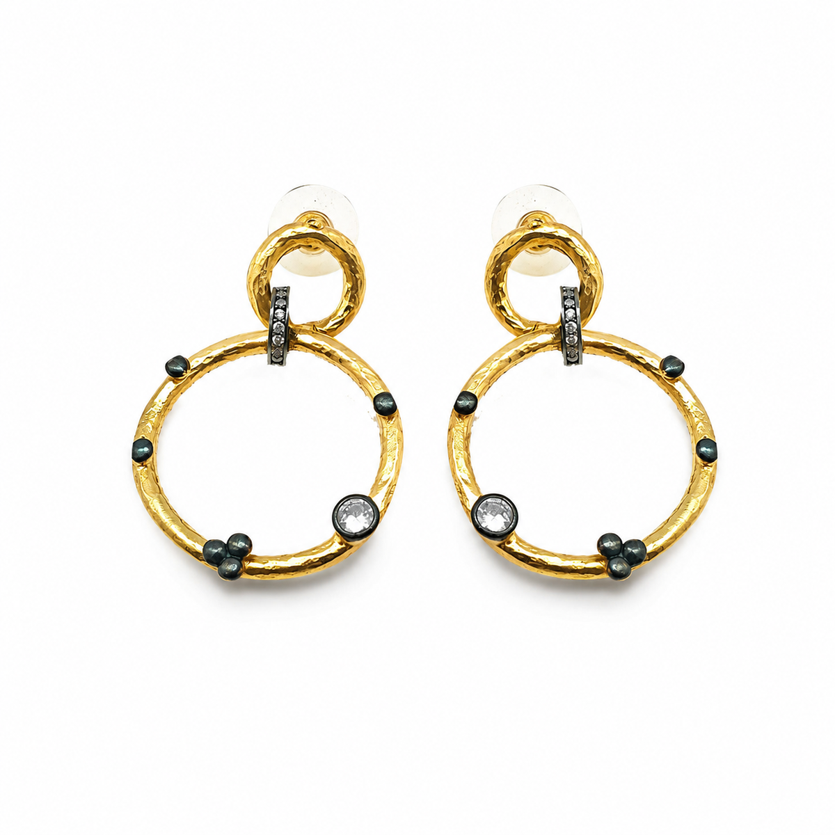 Gold-plated double circle dangle earrings with dark accent details.