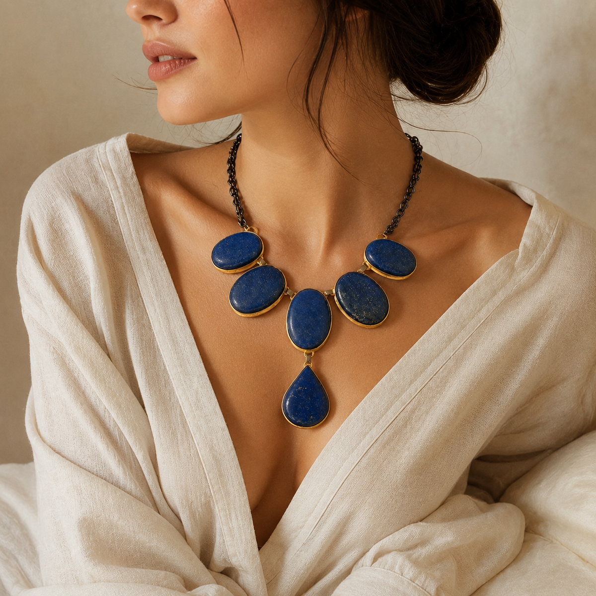 A statement necklace with blue oval stones, gold-tone frames, and a teardrop pendant.