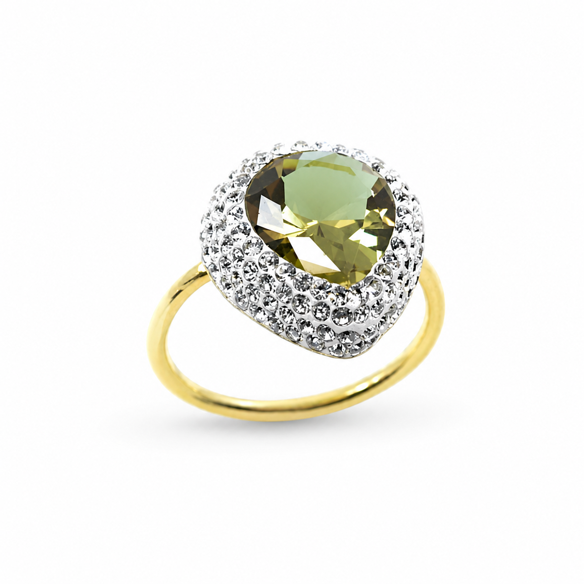 Heart-shaped green stone ring with a CZ halo and gold-tone band.