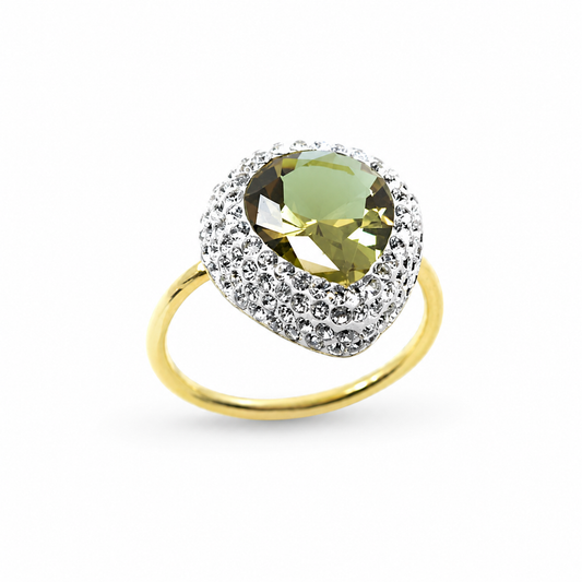 Heart-shaped green stone ring with a CZ halo and gold-tone band.