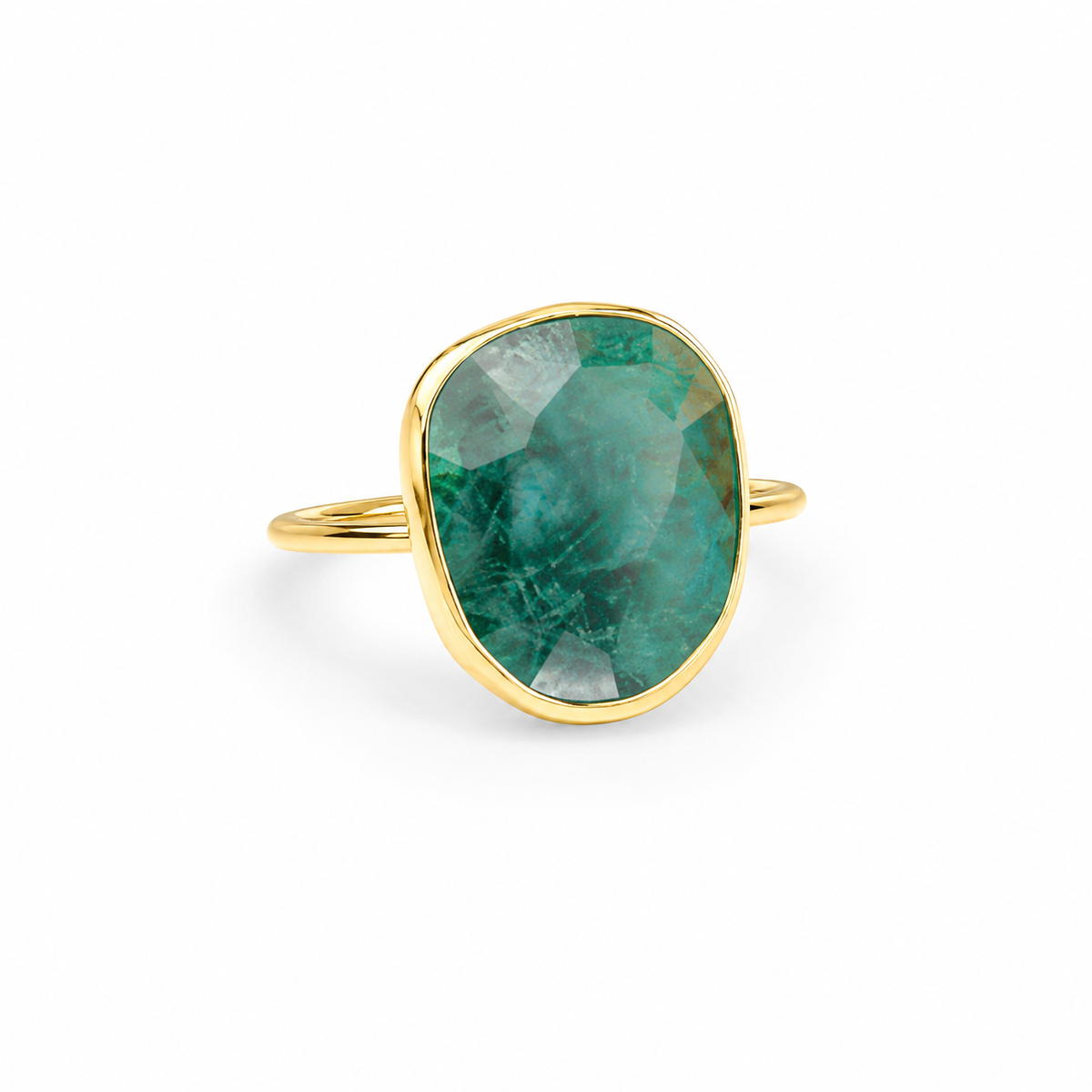 Emerald green oval statement ring with a gold-plated frame.