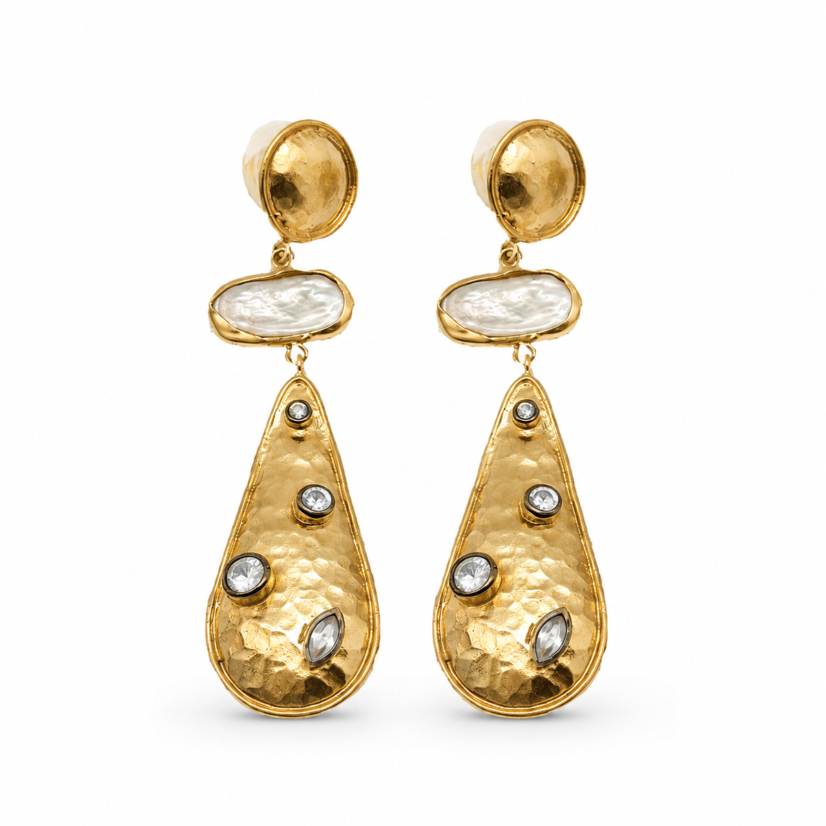 Gold-plated statement drop earrings with three stone accents.