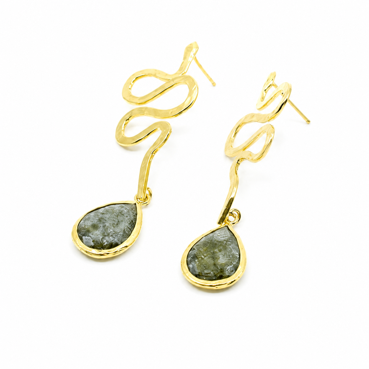 Gold-plated snake drop earrings with icy CZ-inspired teardrop accents.