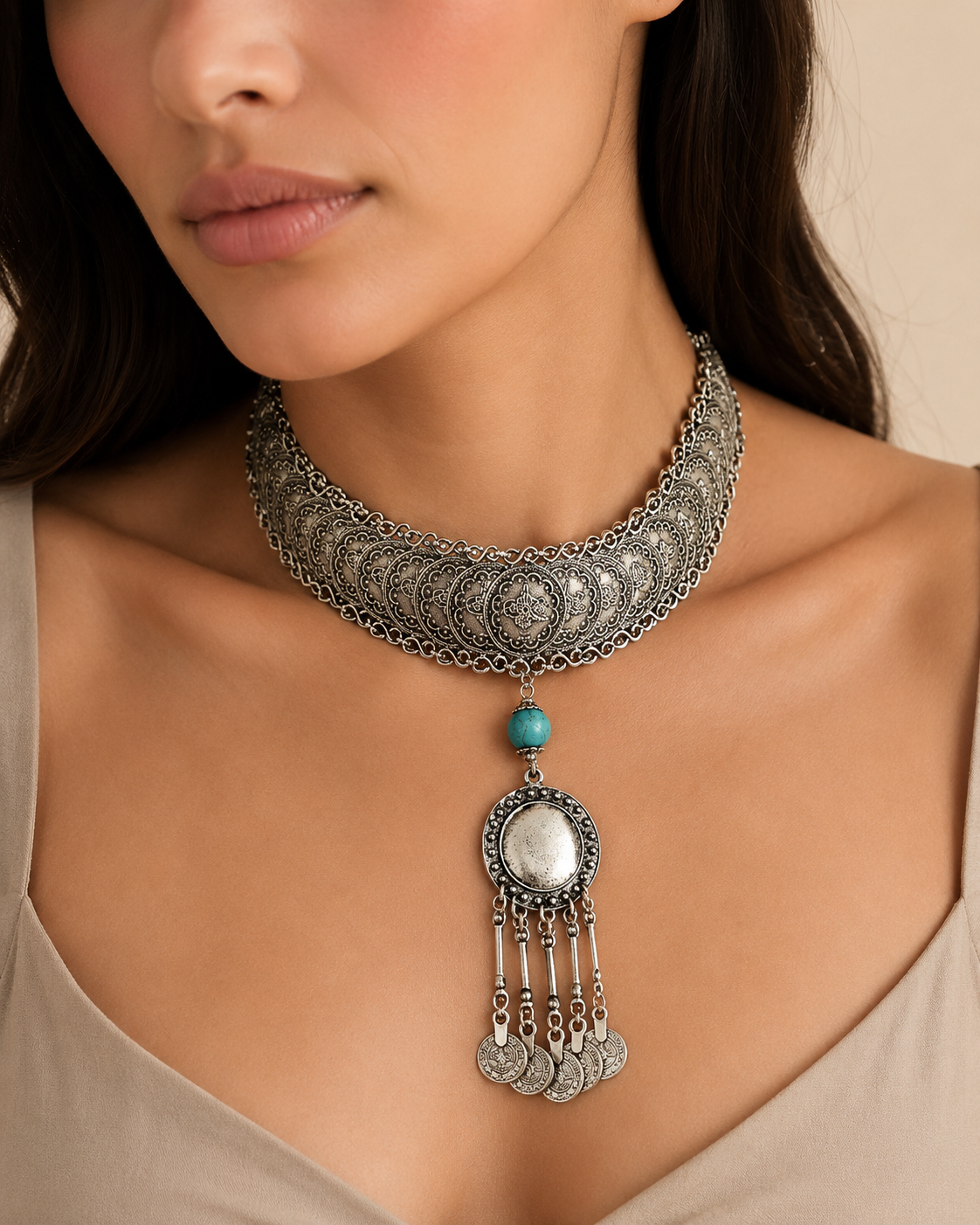 Silver-tone coin choker necklace shown from the front with layered medallion details.