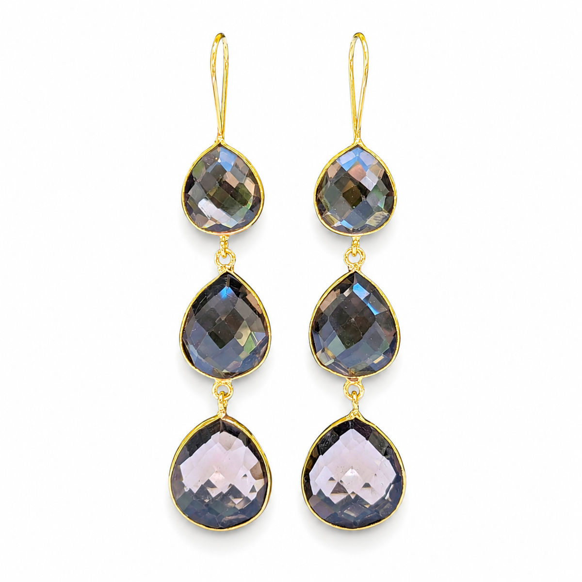 Pair of triple teardrop drop earrings with faceted smoky quartz and gold-plated edges.