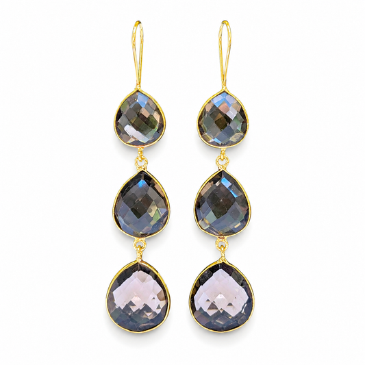 Pair of triple teardrop drop earrings with faceted smoky quartz and gold-plated edges.