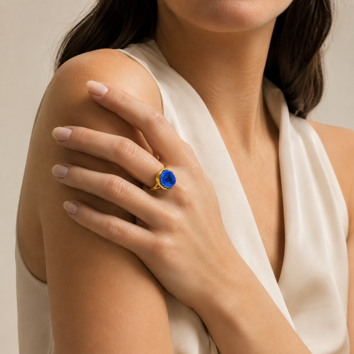 Raw lapis lazuli ring with an organic statement shape.