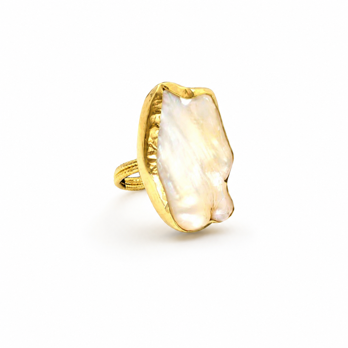 Mother of pearl baroque statement ring with a gold-plated setting.