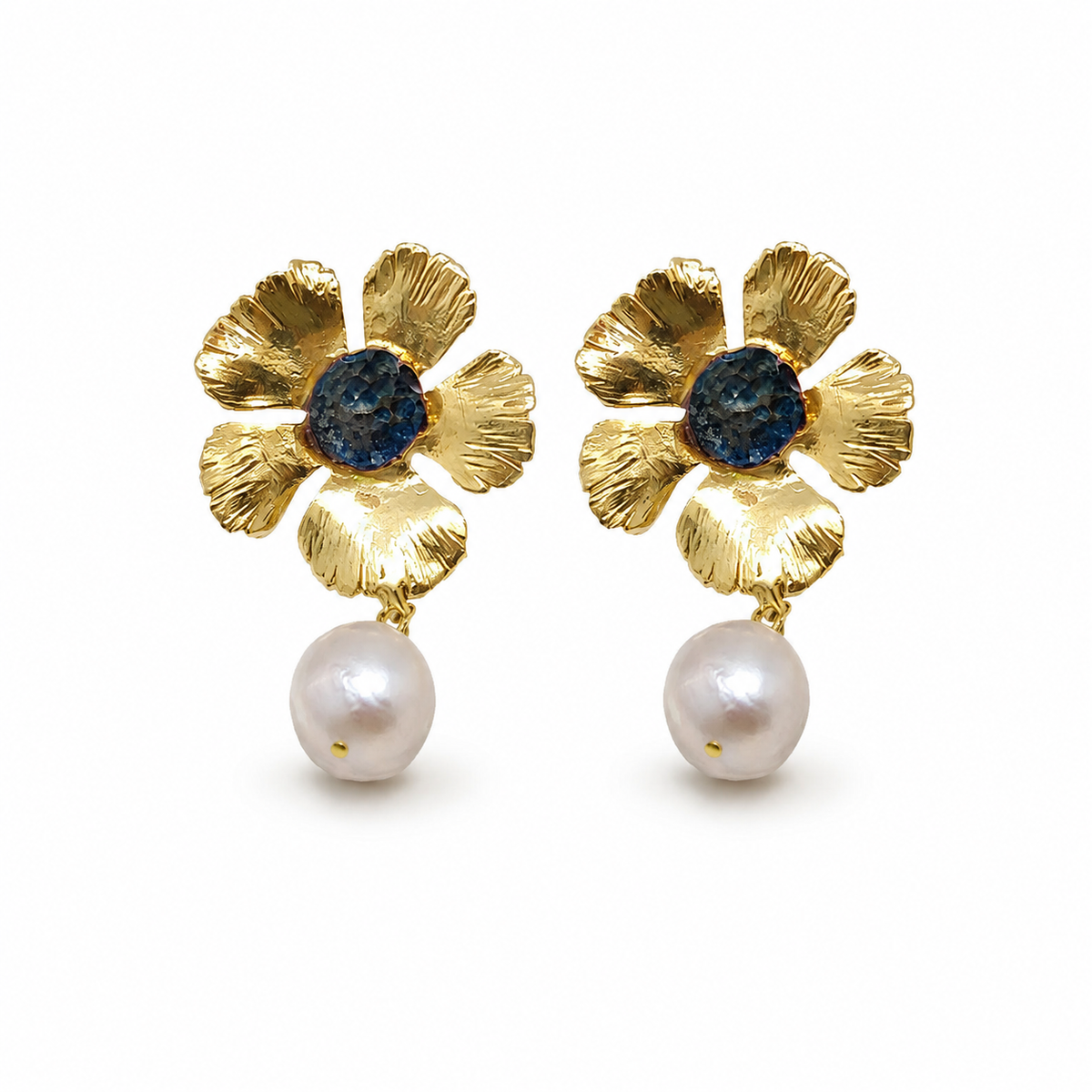 Gold flower drop earrings with a blue center and pearl drop.