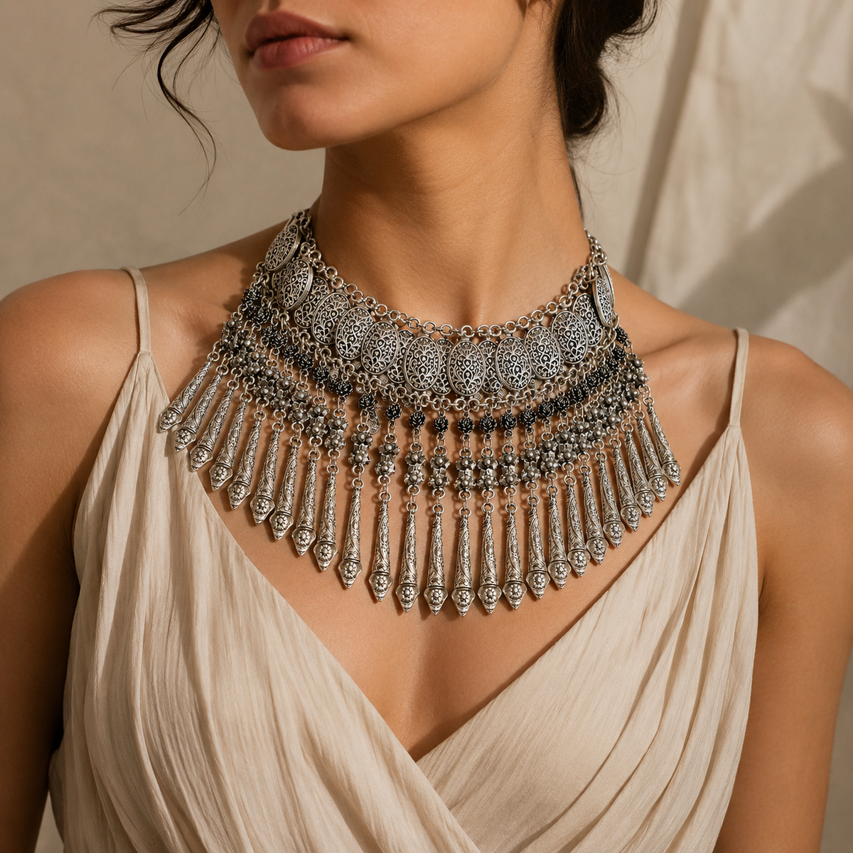 Silver-tone boho statement necklace with layered coin fringe styling.